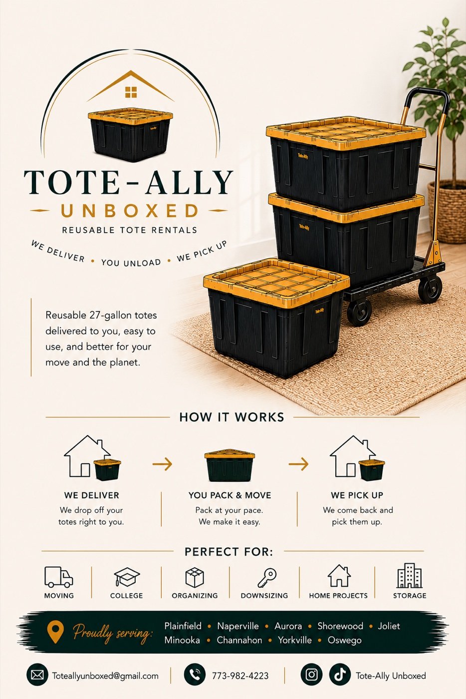Tote-ally Unboxed reusable totes stacked on a rolling dolly